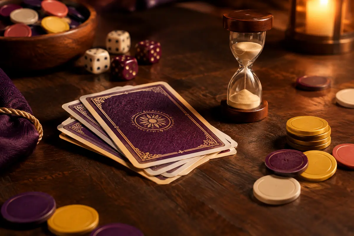 Cartes face cachée et jetons préparés pour un jeu de bluff