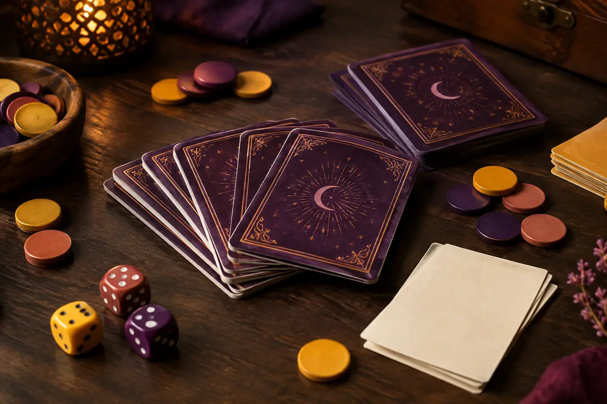Cartes de rôles face cachée et jetons sur une table de jeu