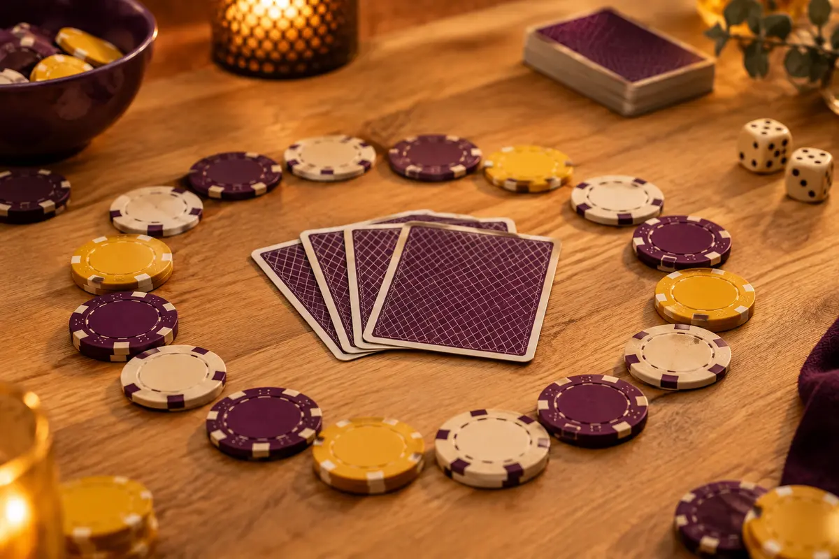 Cartes face cachée et jetons disposés en cercle pour bluffer