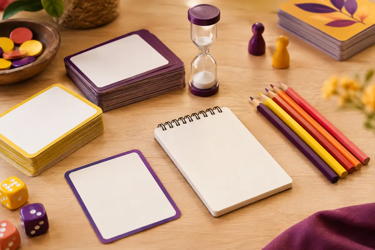 Cartes vierges, crayons et sablier pour des jeux d’expression