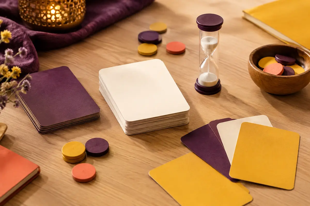 Cartes de situations vierges et jetons pour un jeu d’improvisation