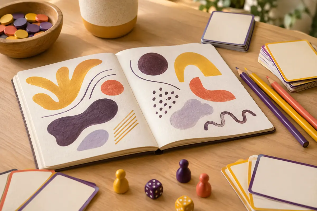 Carnet de jeu, crayons de couleur et cartes vierges sur une table