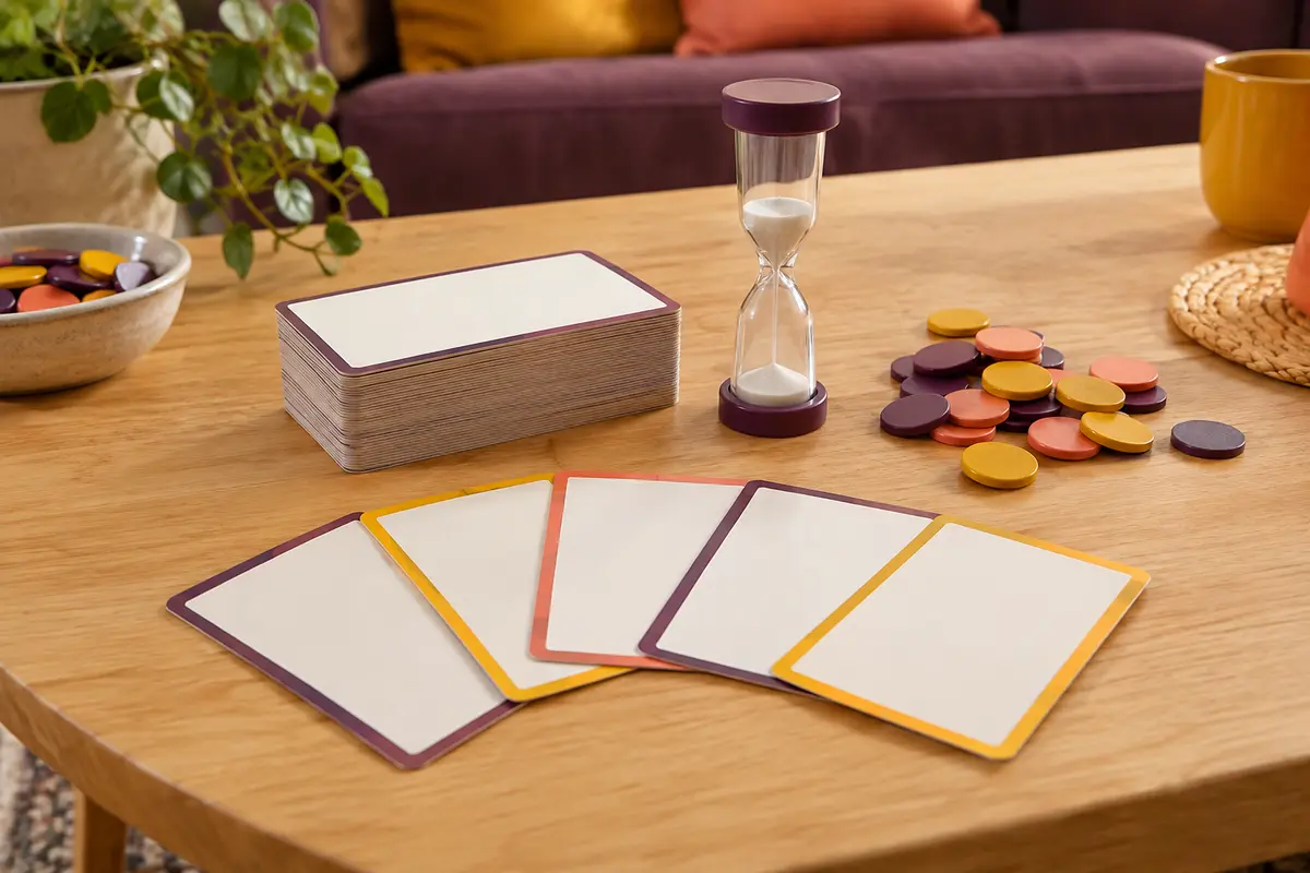 Cartes de mime vierges et sablier posés sur une table de jeu