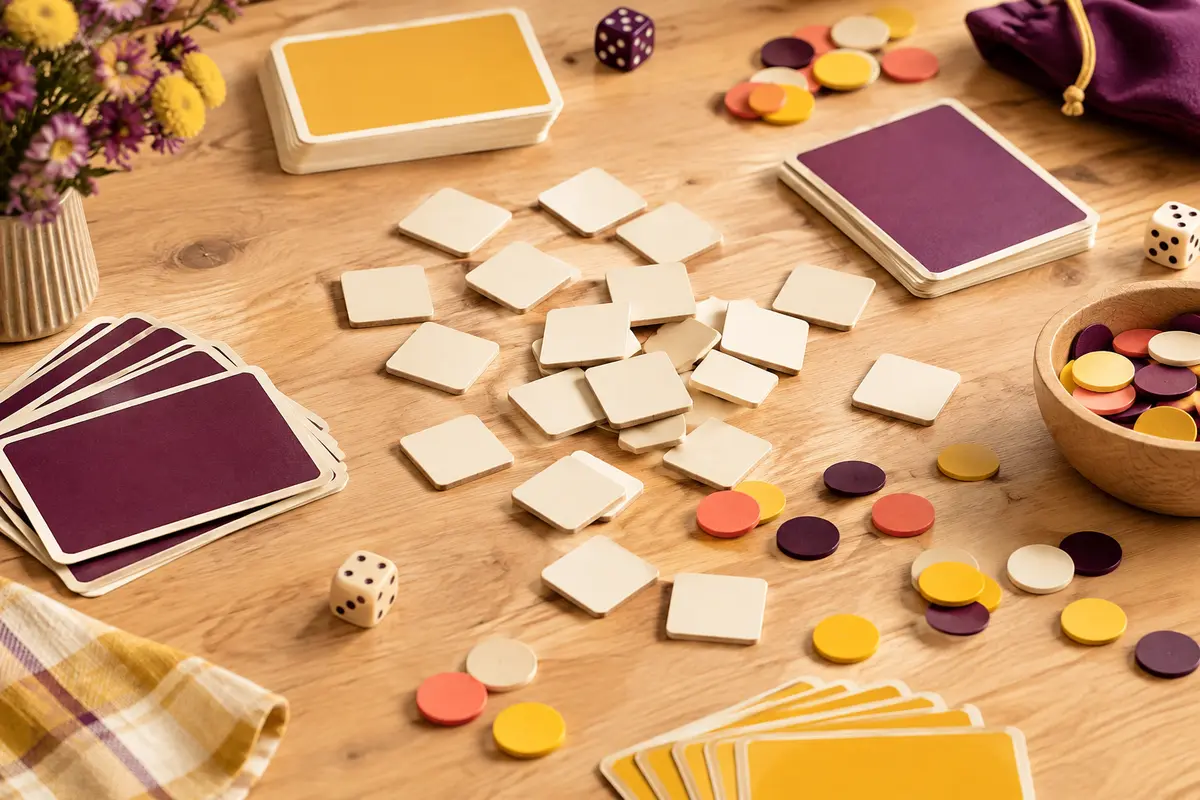 Cartes vierges et tuiles de jeu colorées disposées sur une table claire