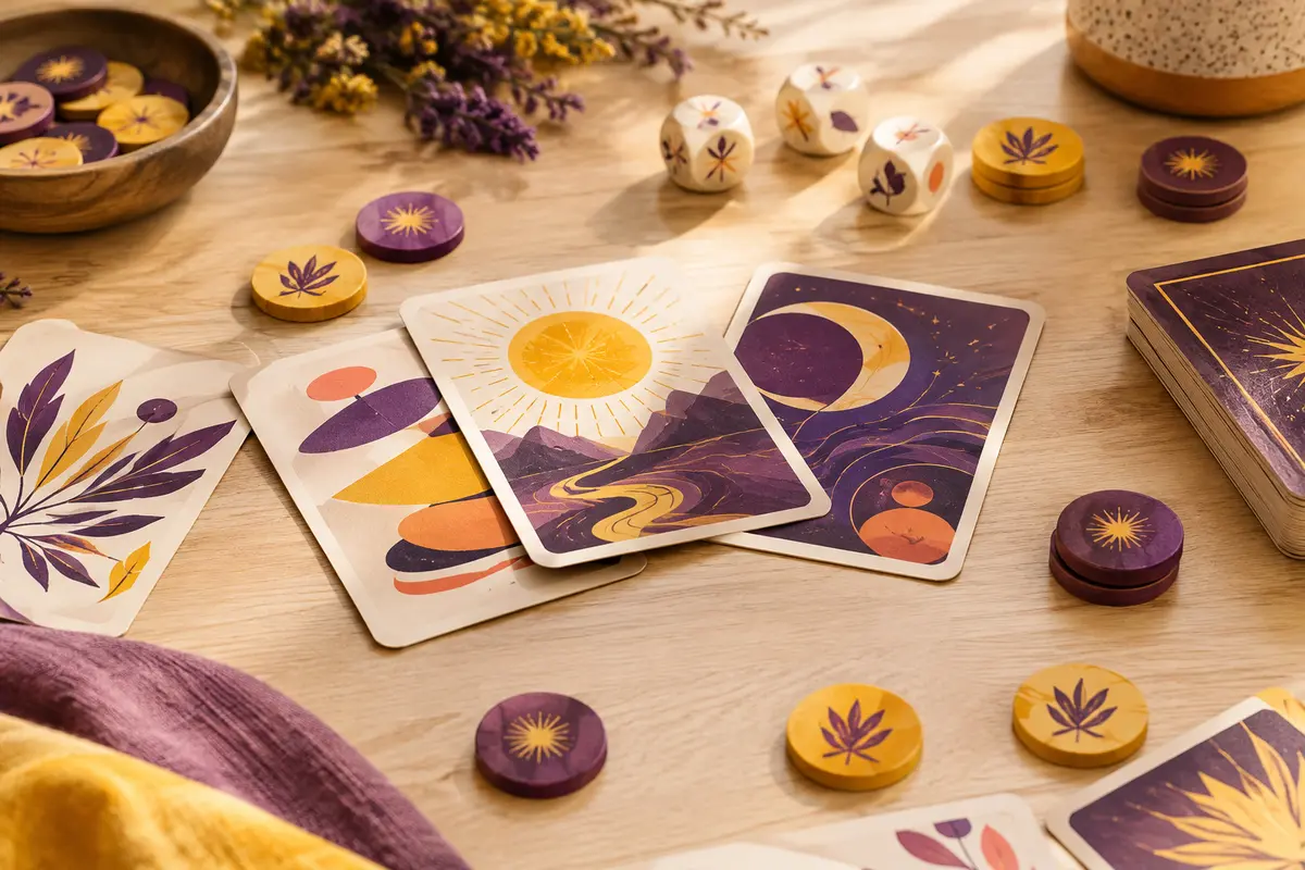 Cartes à symboles abstraits et jetons pour un jeu d’observation