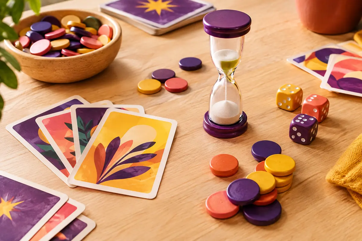 Cartes colorées, jetons et sablier pour un jeu de réflexes