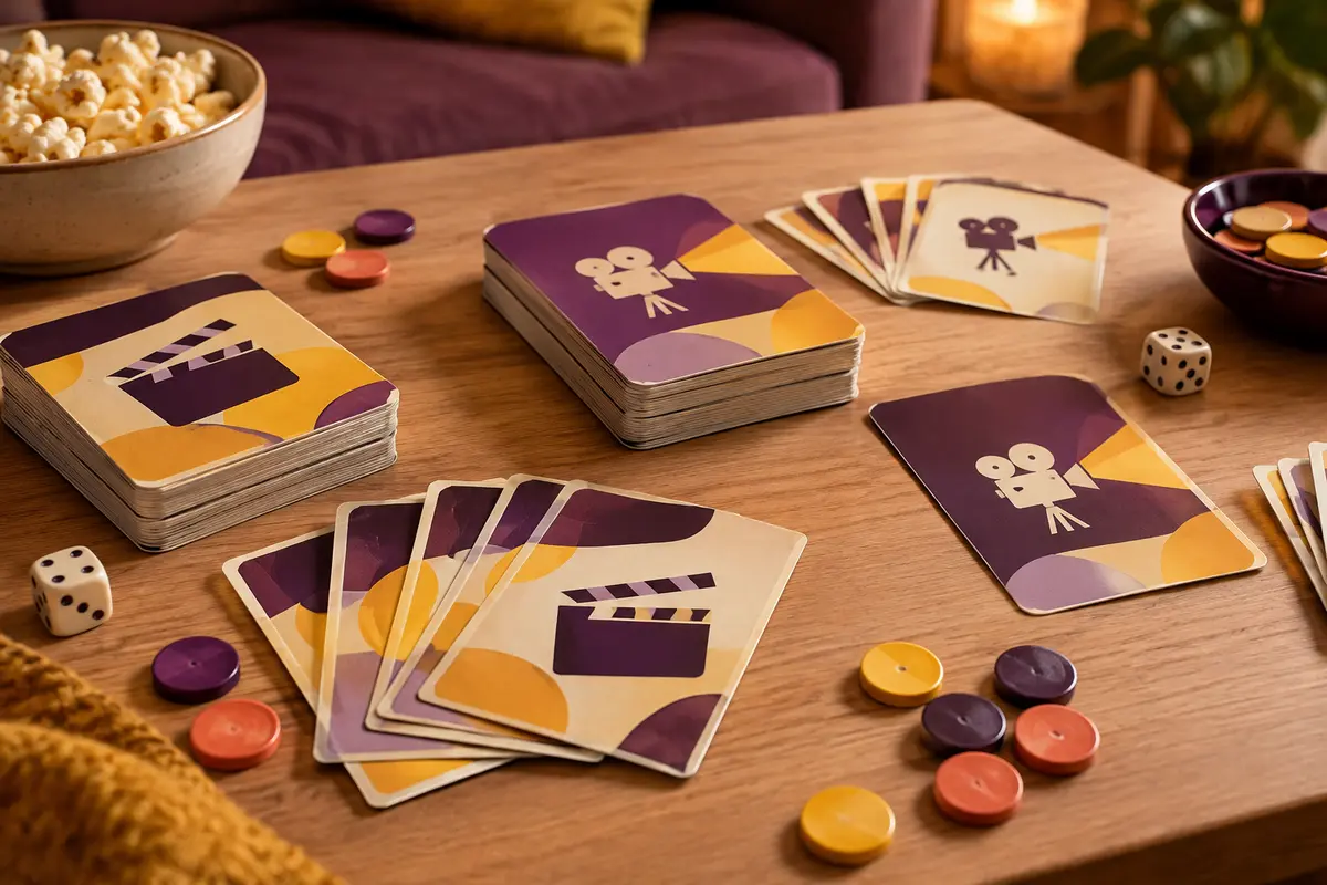 Cartes de quiz cinéma et jetons colorés sur une table de salon