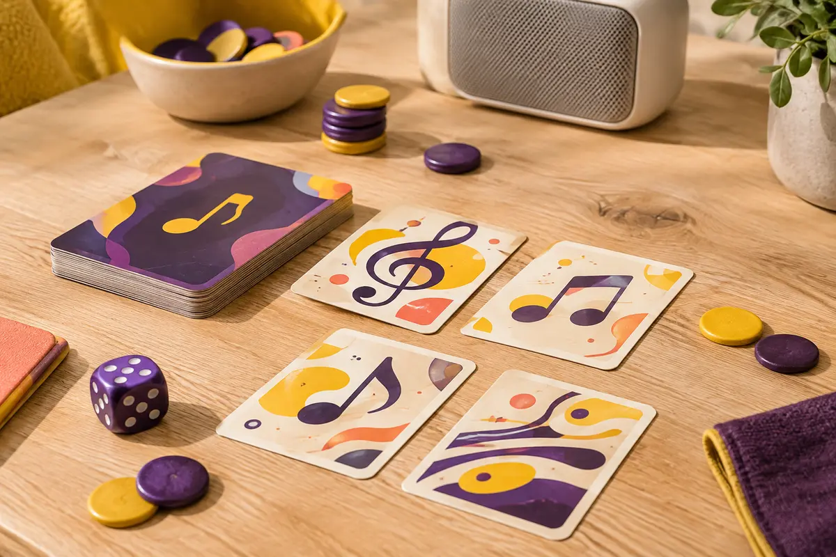 Cartes musicales et jetons réunis pour un quiz sur les chansons