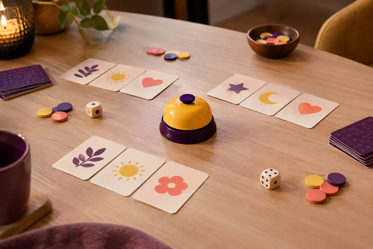 Cartes à symboles et jeton posés sur une table pour illustrer observation et réflexes