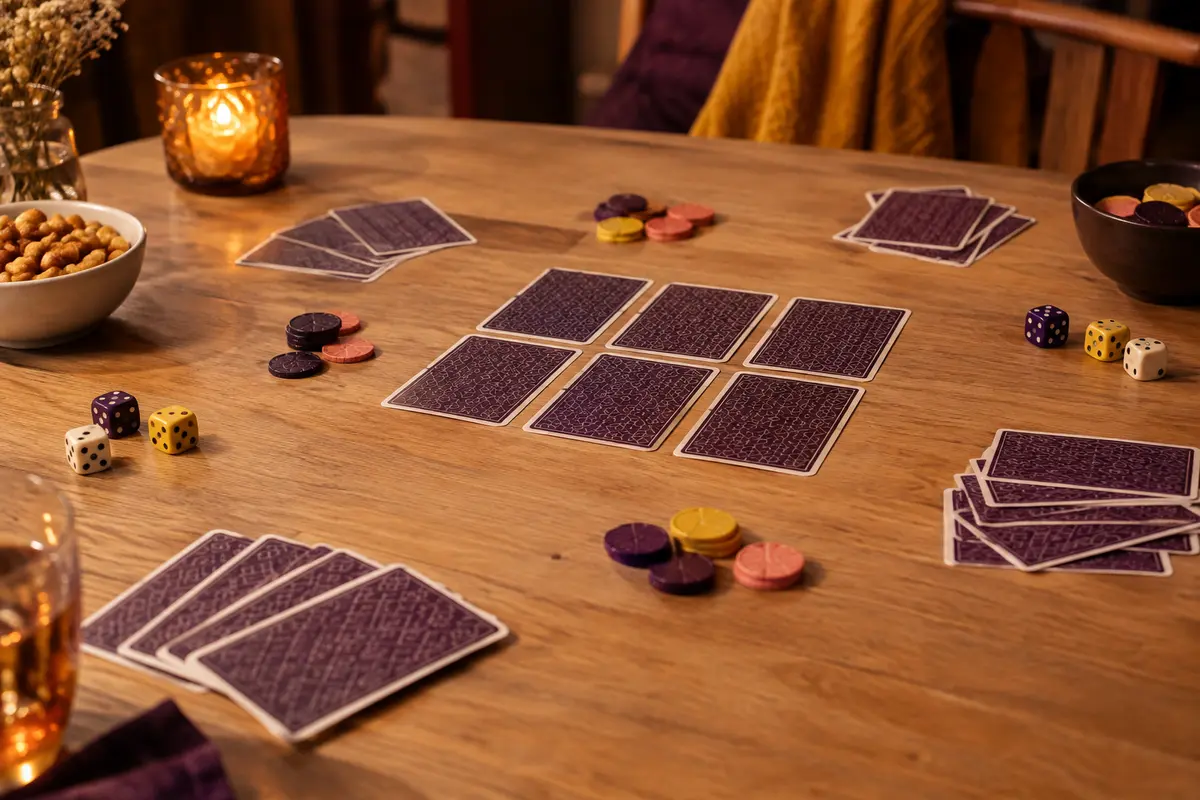 Cartes face cachée et jetons sur une table, évoquant le bluff et les rôles secrets.