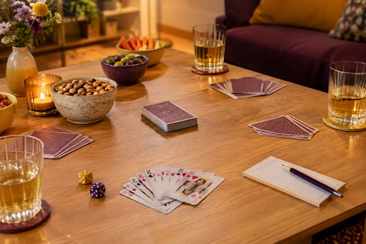 Jeu de cartes et carnet de score installés sur une table d’apéritif, prêts pour une partie en manches courtes.