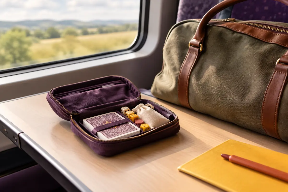 Jeu de cartes compact rangé près d’un sac de voyage sur une petite tablette de train