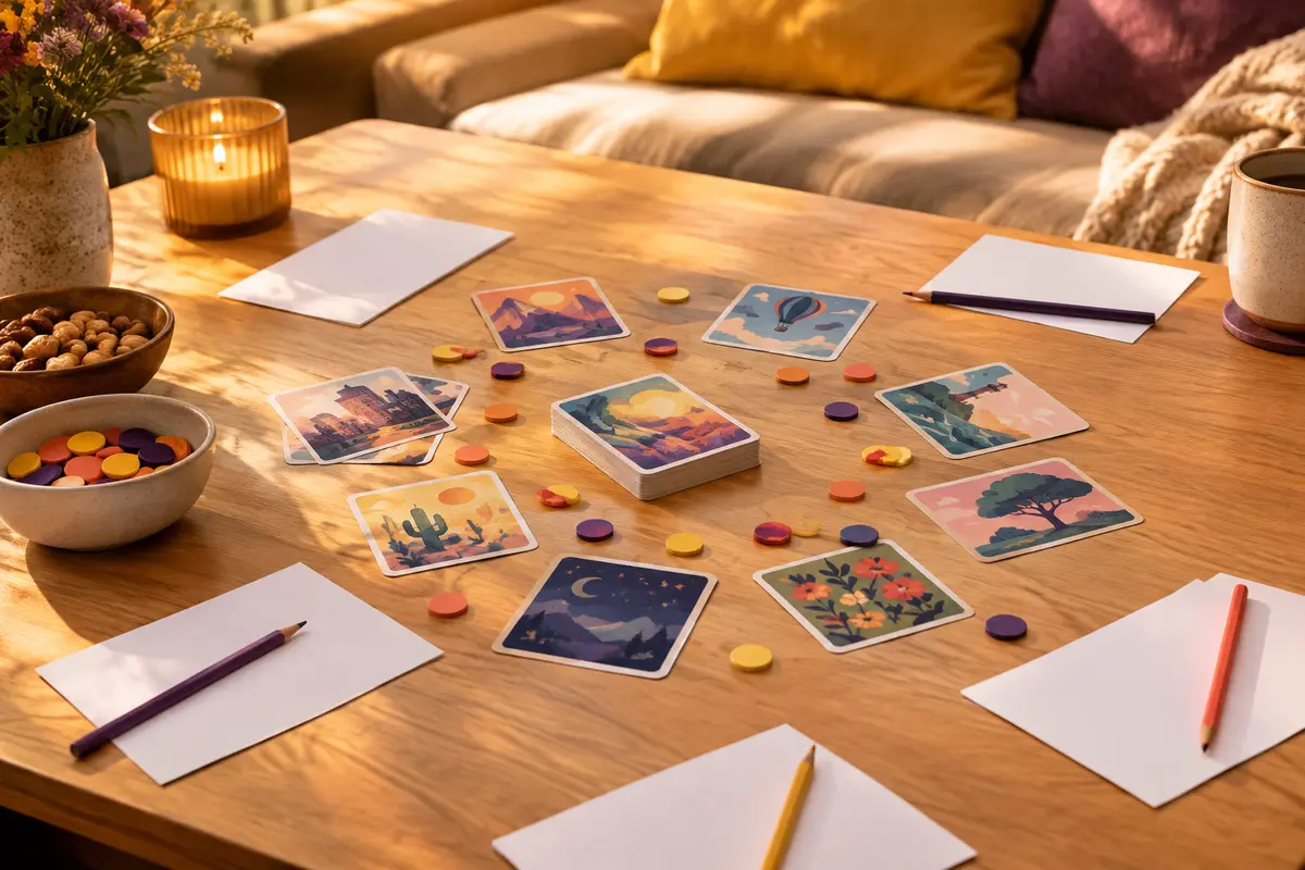 Cartes illustrées, papiers vierges et jetons colorés réunis sur une table pour un jeu d’association d’idées.