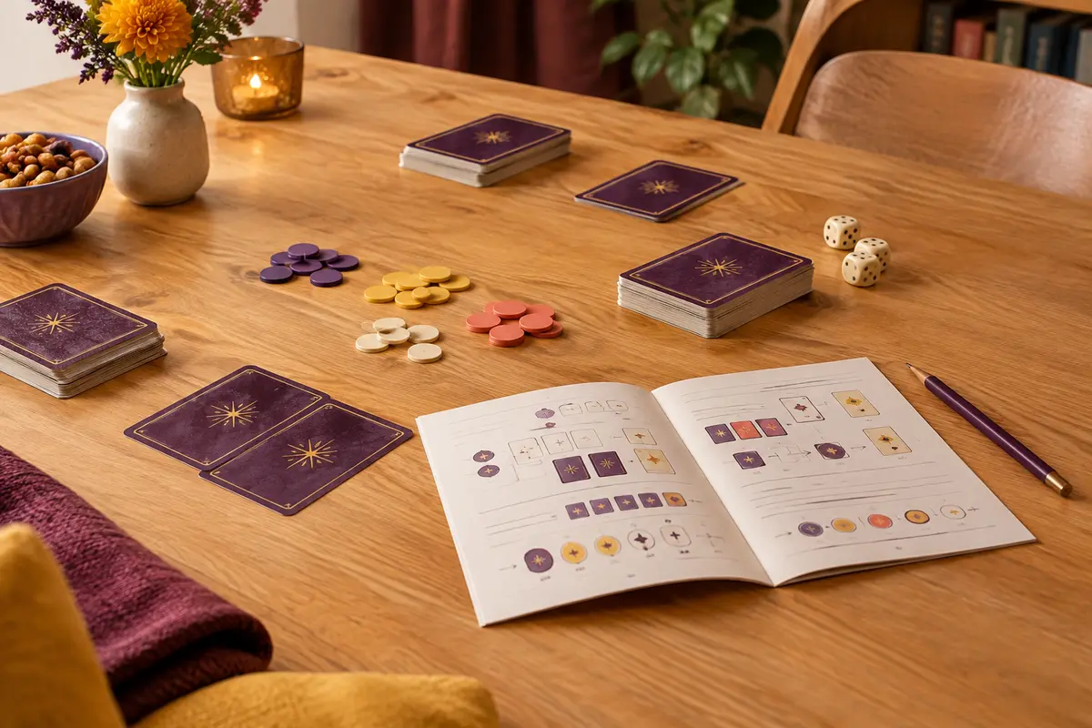 Cartes face cachée, jetons et livret de règles ouverts sur une table avant une partie de bluff