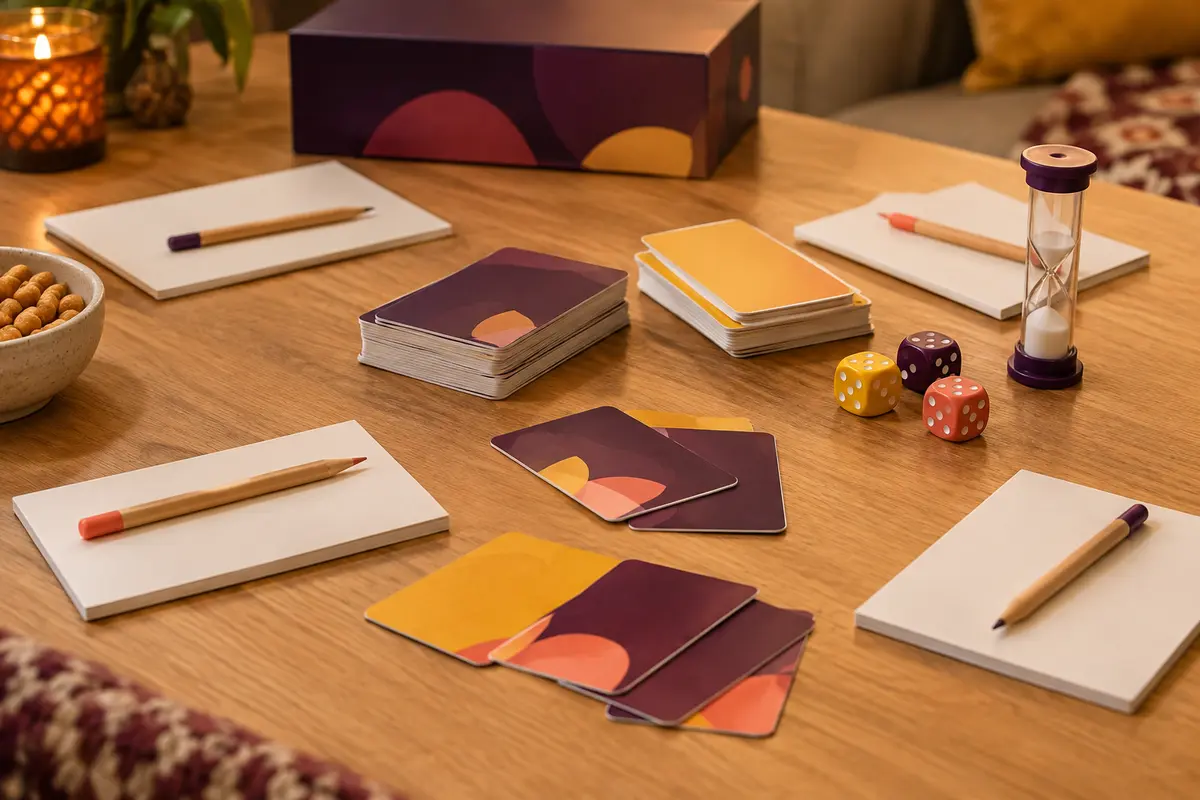 Cartes retournées, feuilles vierges et crayons prêts pour une partie de jeu de définitions