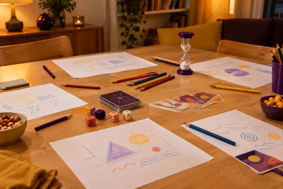 Feuilles d’esquisses simples et crayons réunis autour d’une table pour un jeu de dessin en équipe.