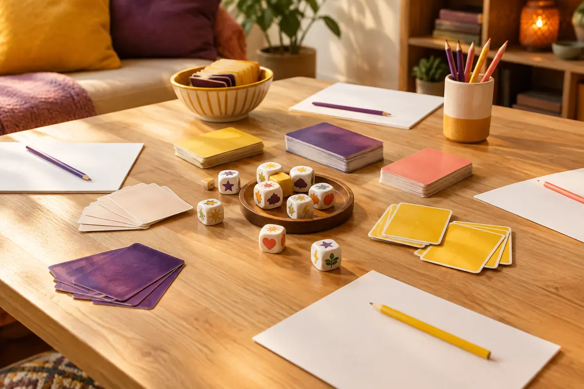 Table préparée pour un jeu d’improvisation collectif avec cartes, cubes d’histoire, feuilles et crayons