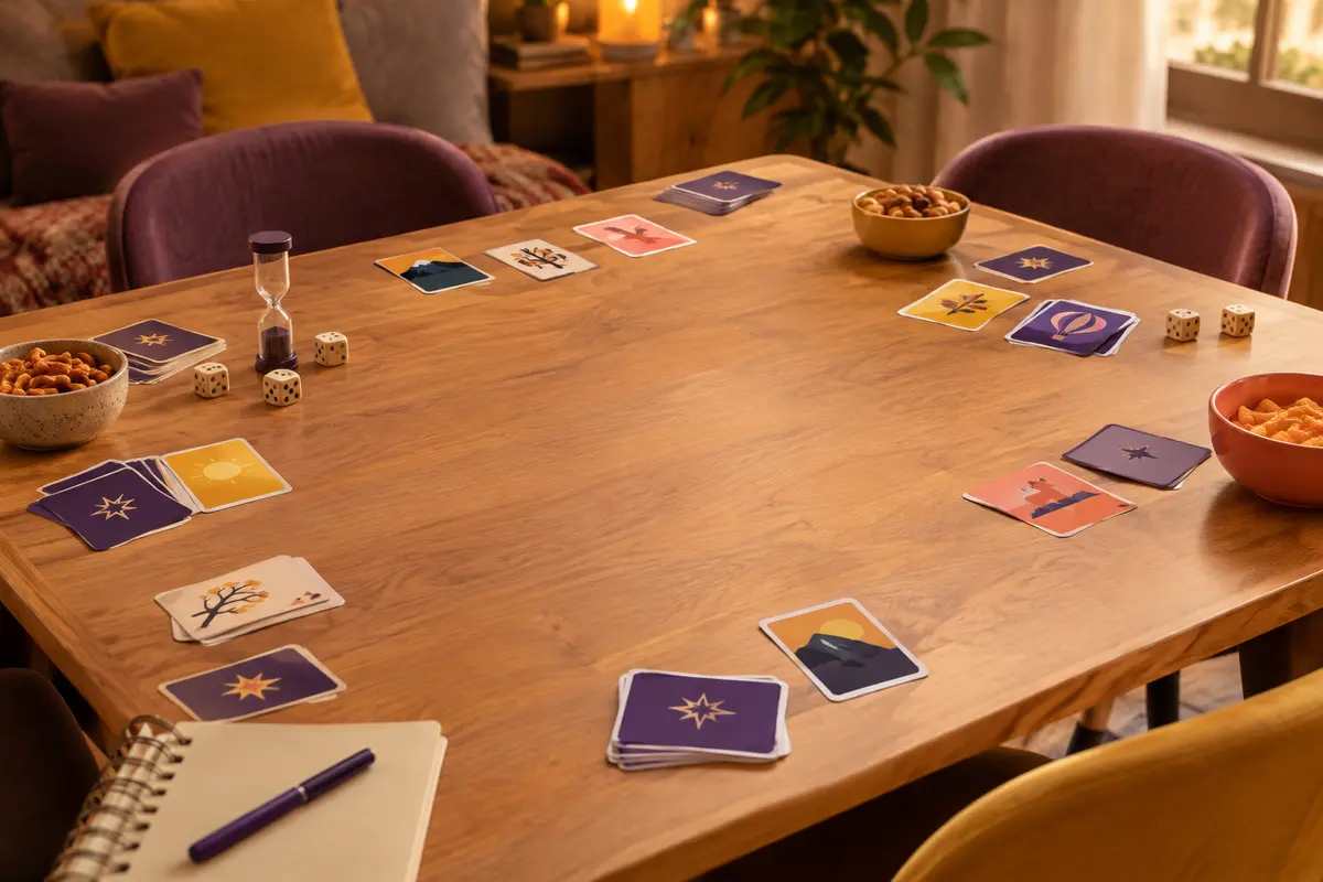Cartes de mime disposées sur une table de salon avec des chaises autour pour une partie en groupe
