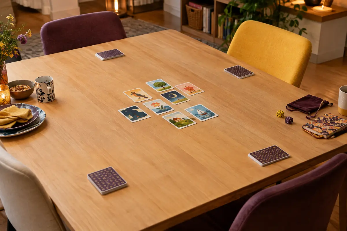 Cartes d’observation visibles au centre d’une table dégagée, avec la vaisselle repoussée sur le côté.