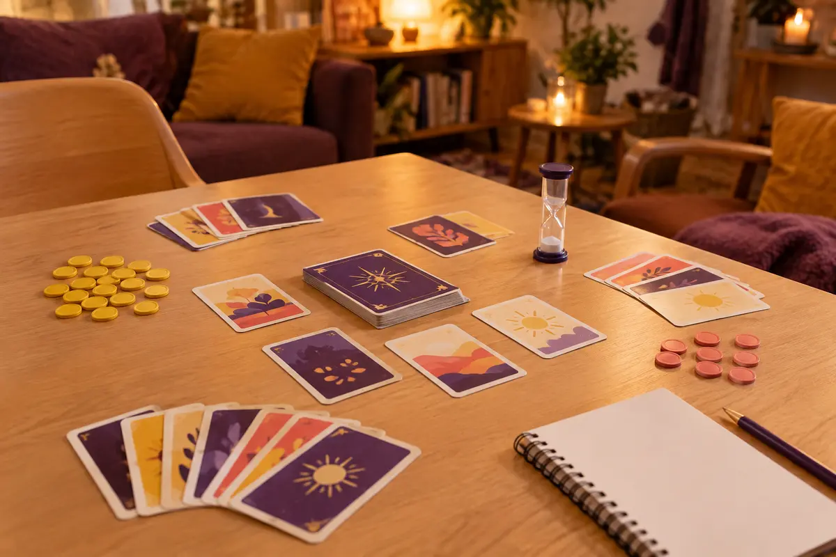 Cartes, jetons, sablier et carnet de score préparés pour un jeu de rapidité en équipe
