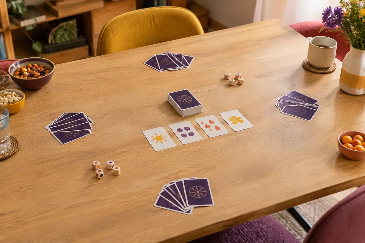 Table dégagée avec des cartes de jeu espacées pour une partie de réflexes en famille