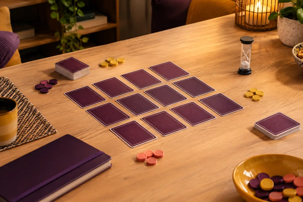 Table de jeu avec cartes cachées, jetons et sablier, prête pour une partie de déduction sociale
