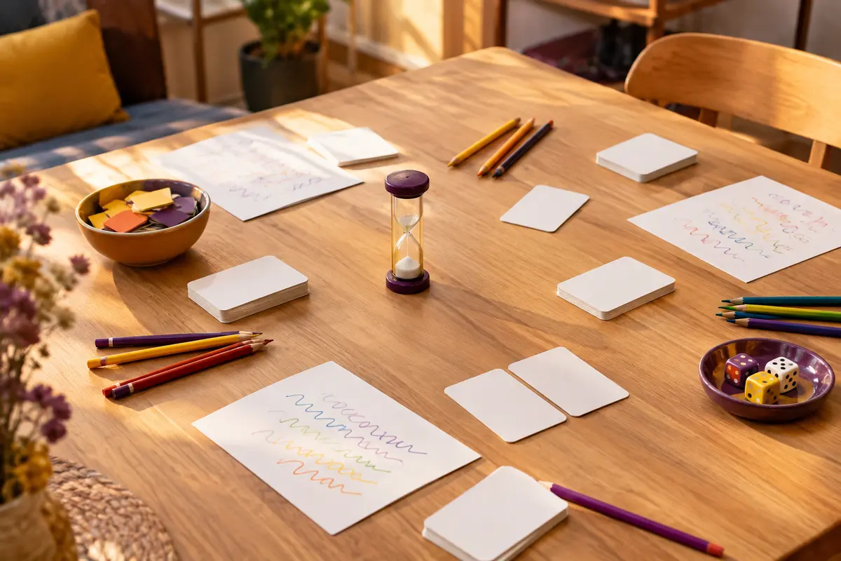 Table préparée pour un jeu de lettres familial avec feuilles, crayons et sablier