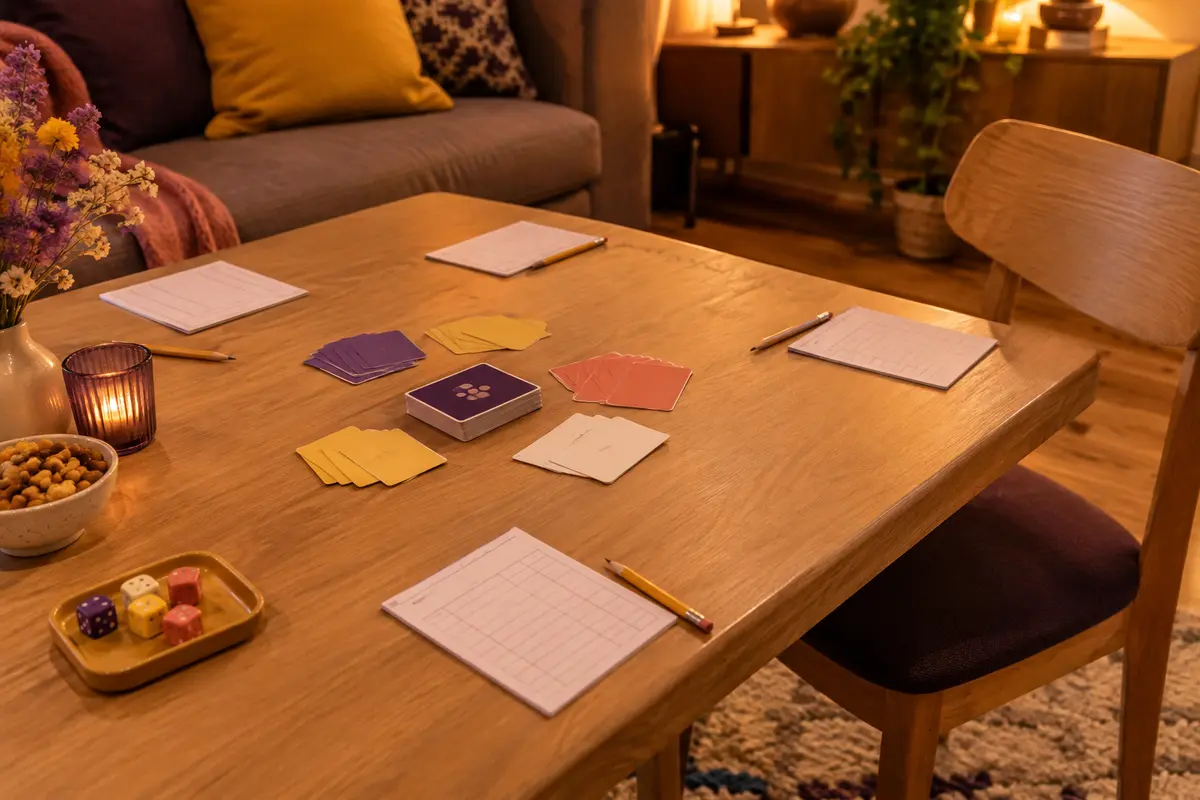 Table de jeu préparée avec cartes, feuilles de score et une place libre pour un invité
