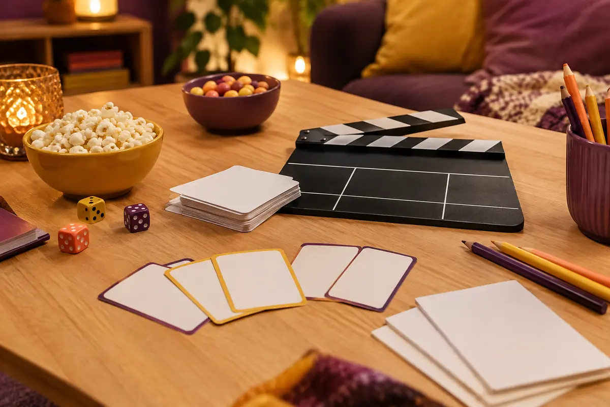 Table de quiz cinéma avec cartes vierges, fiches et crayons dans une ambiance de soirée conviviale