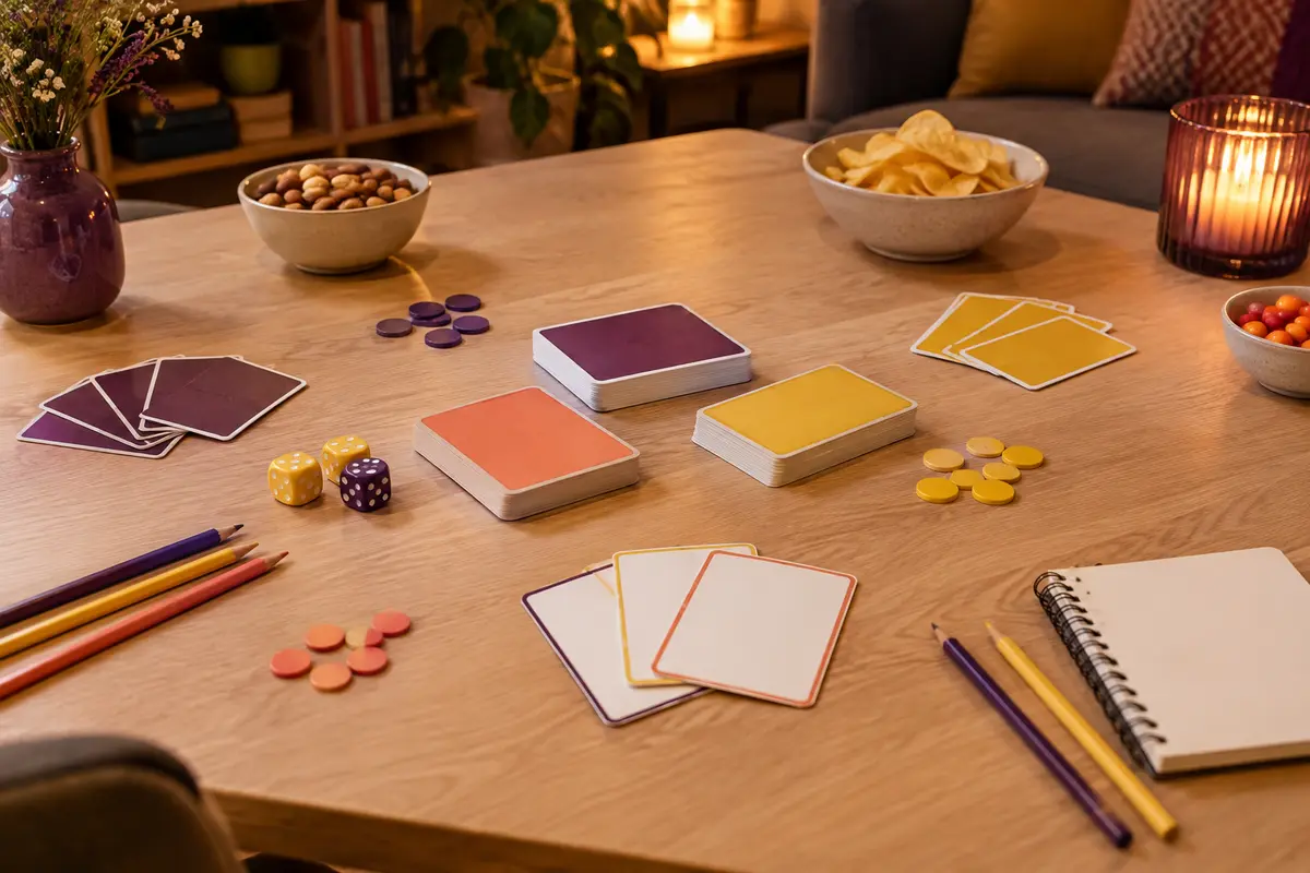 Cartes de quiz, jetons et carnet installés sur une table pour une partie en équipe