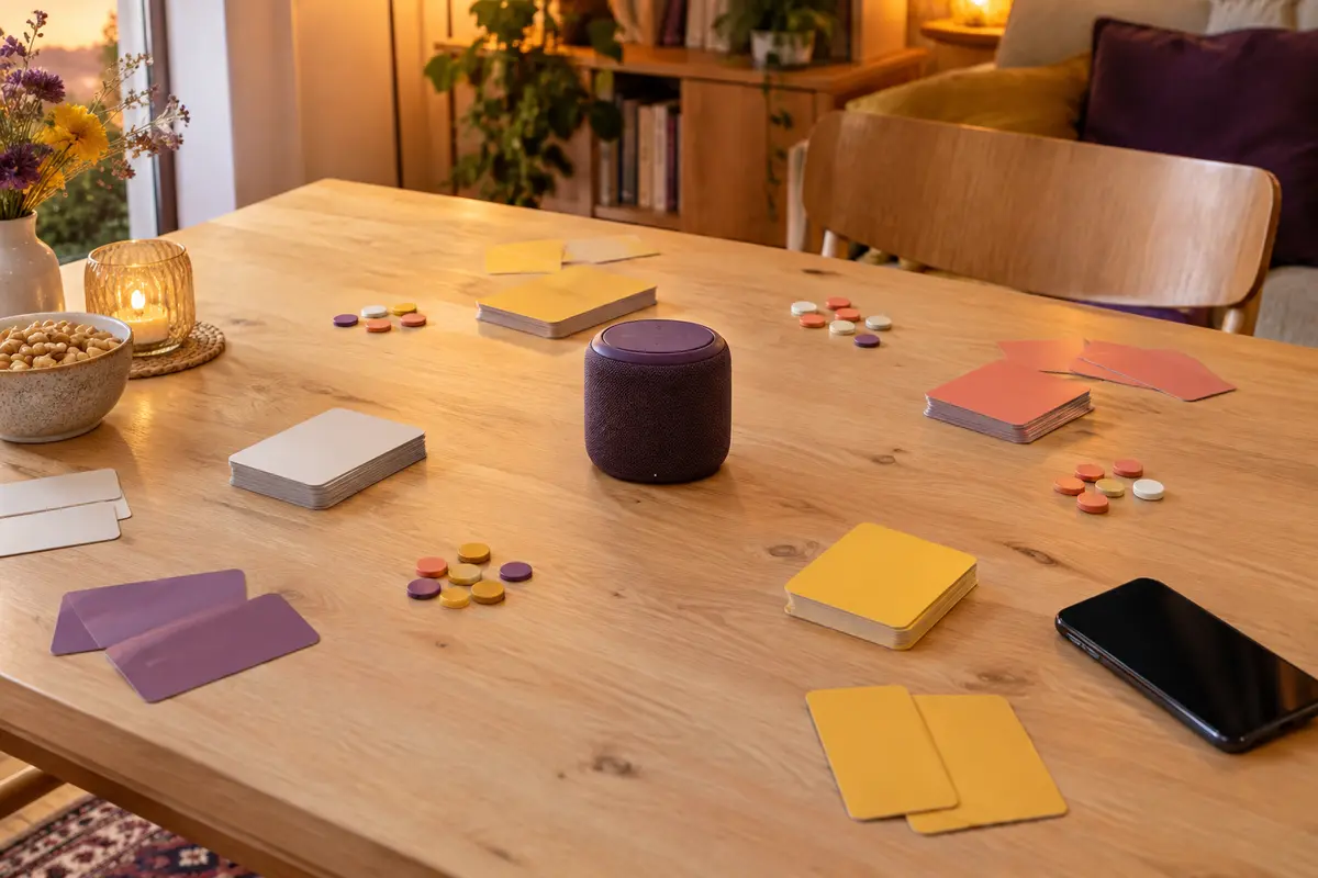 Table de salon préparée pour un quiz musical, avec enceinte, cartes vierges et jetons de score.