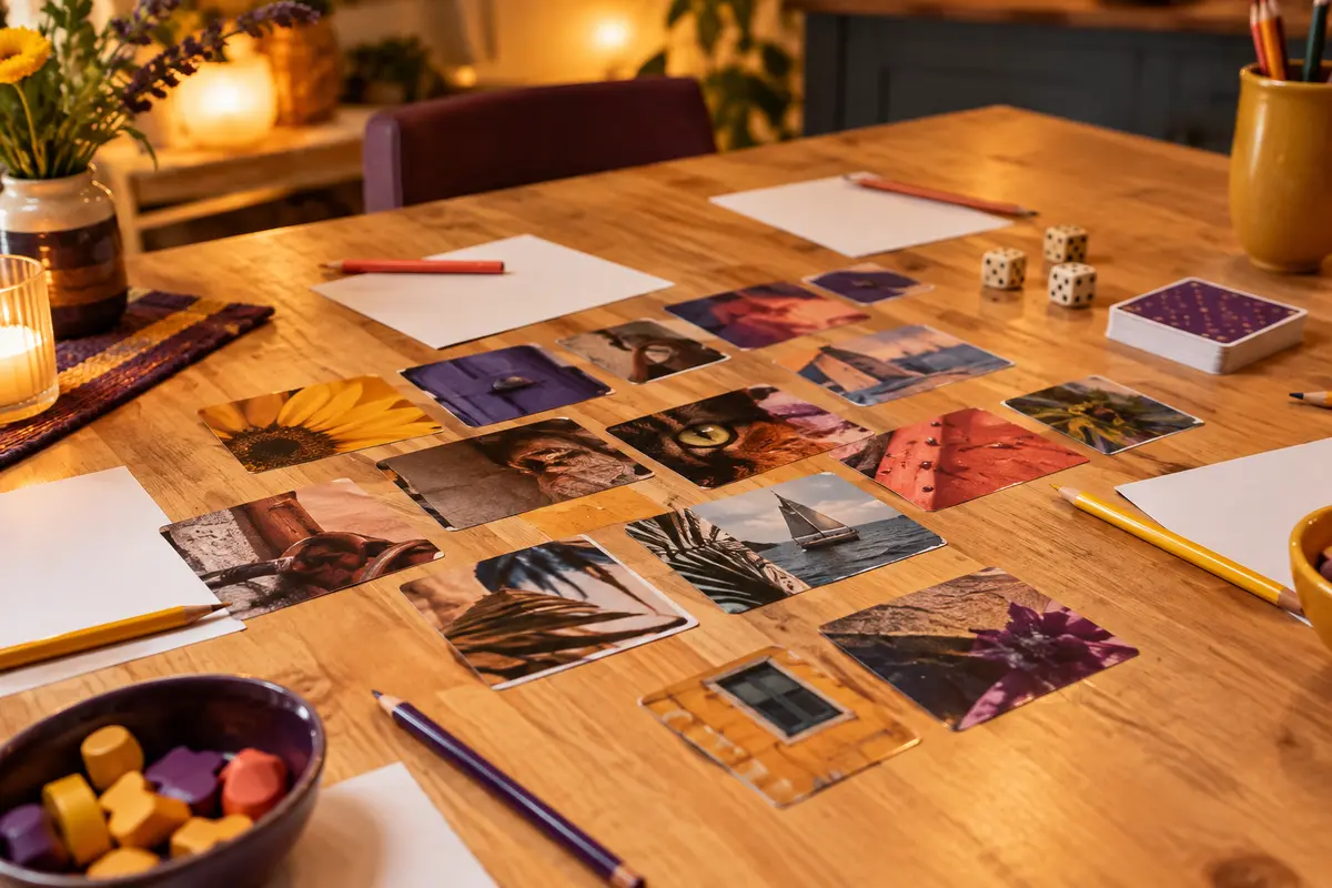Cartes illustrées et feuilles vierges disposées sur une table pour préparer un quiz visuel en équipe