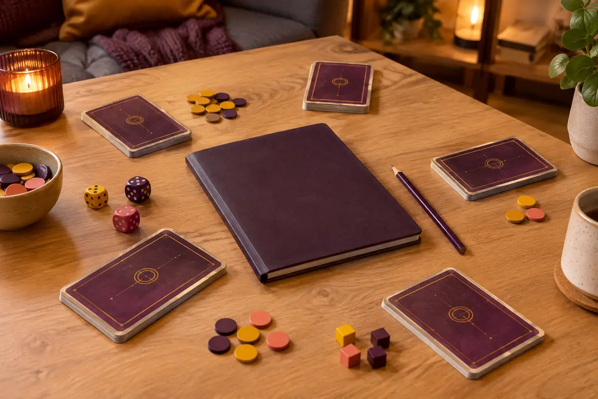 Cartes face cachée et livret de règles sur une table préparée pour un jeu à rôles cachés