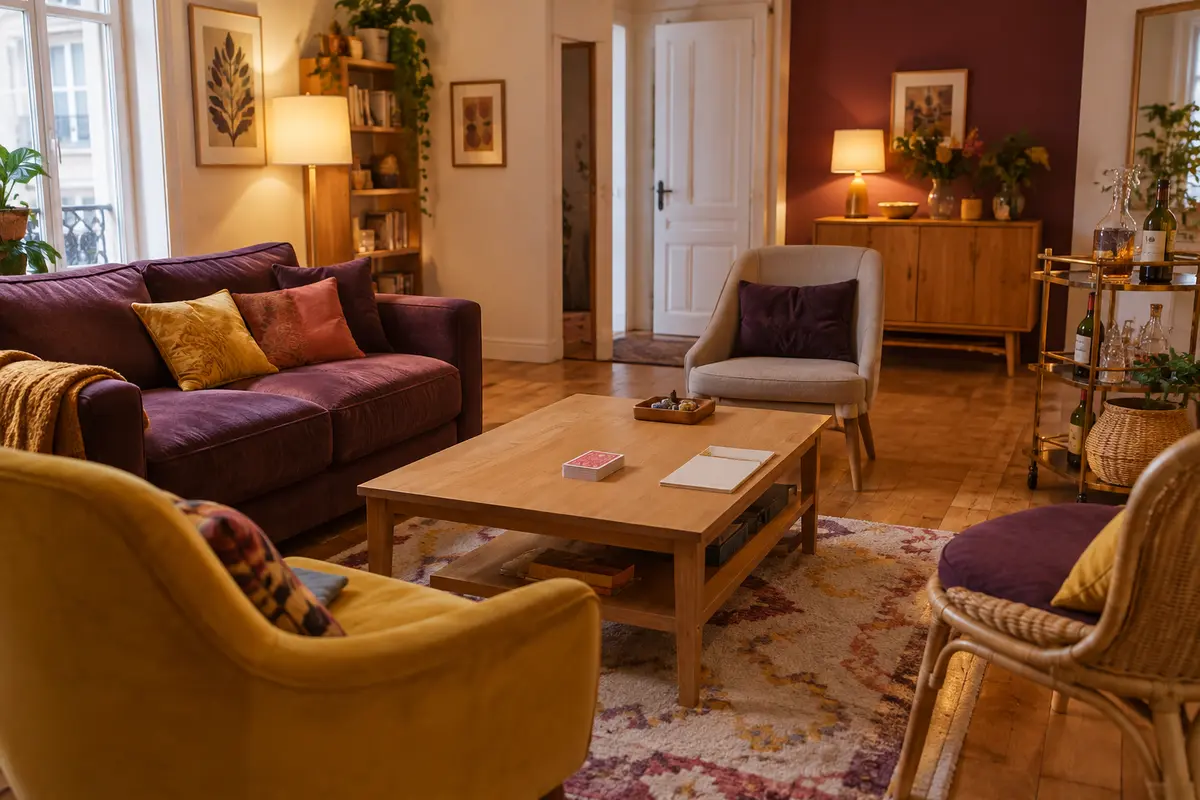 Petit salon aménagé en arc autour d’une table basse dégagée pour une soirée jeux à huit