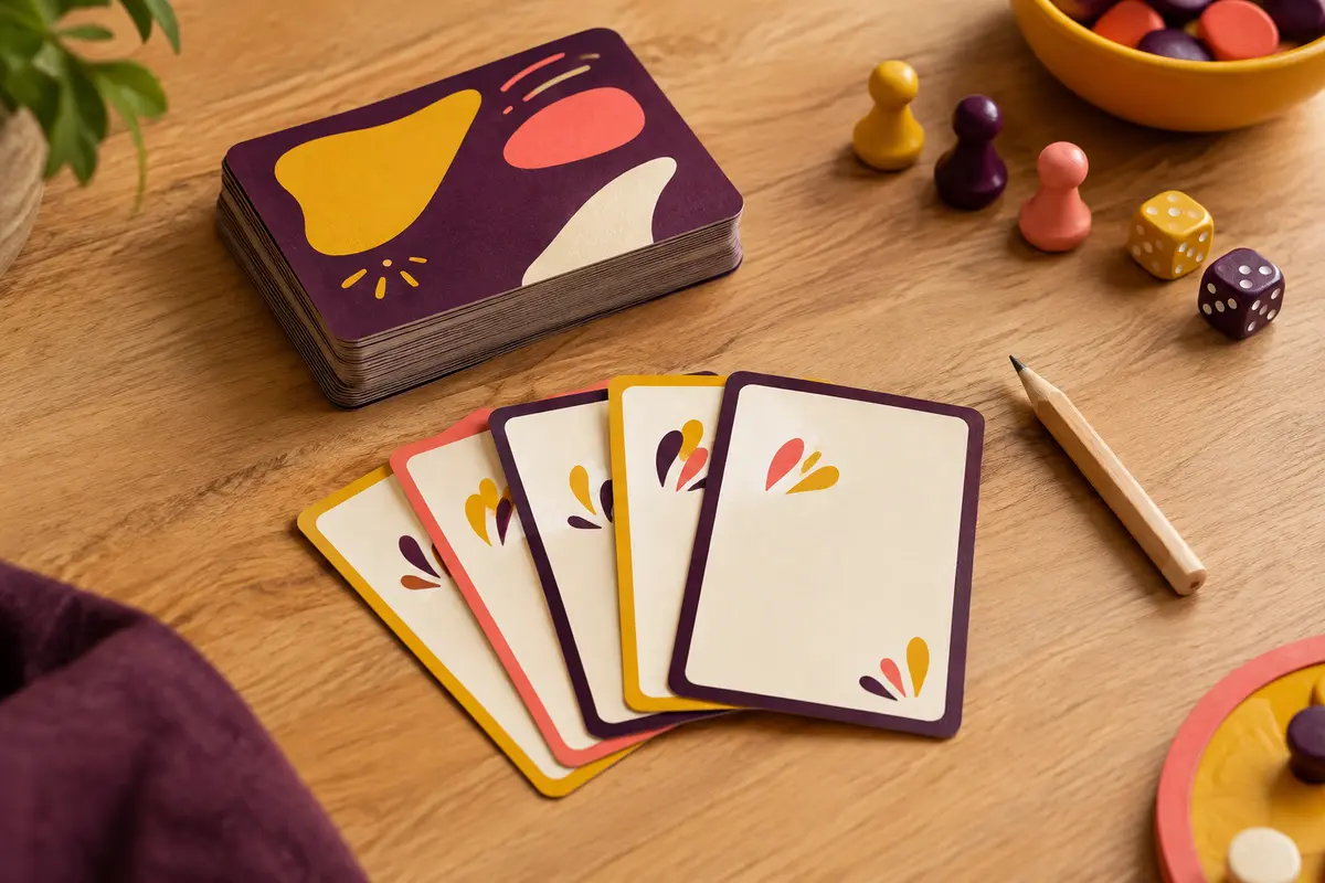 Cartes de devinettes posées sur une table en bois clair dans une ambiance de jeu chaleureuse