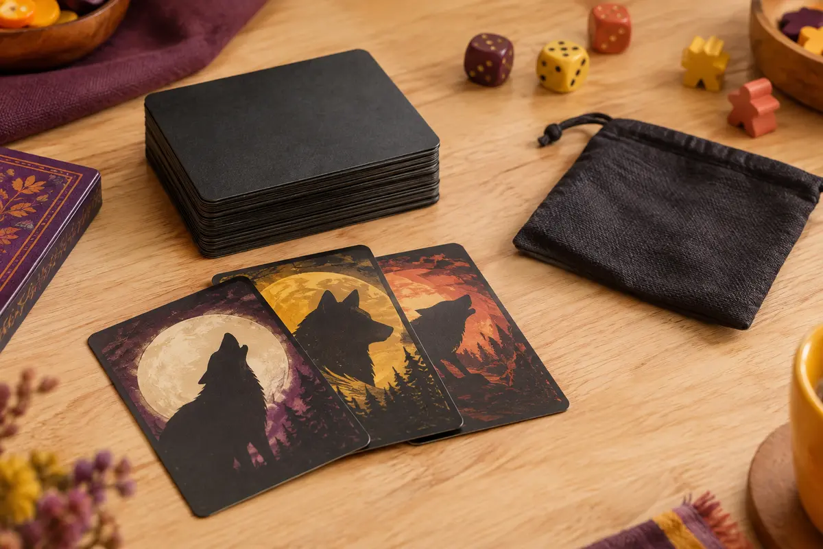 Jeu de cartes noir à rôles cachés posé sur une table en bois clair avec une petite pochette unie.