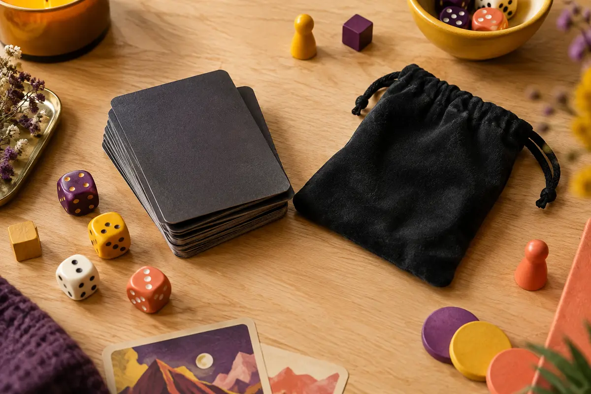 Cartes de rôles cachés et pochette noire disposées sur une table de jeu en bois clair