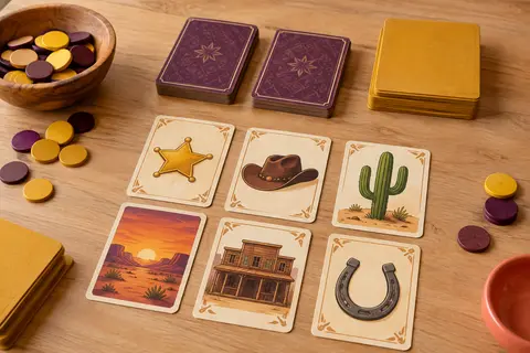Cartes western illustrées (étoile de shérif, chapeau, cactus, saloon), pioches, cartons de jeu et jetons ronds safran et aubergine sur une table en bois clair