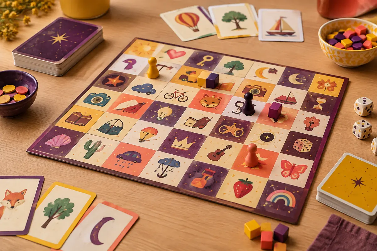 Plateau d’icônes avec cartes, pions et cubes pour un jeu d’association d’idées