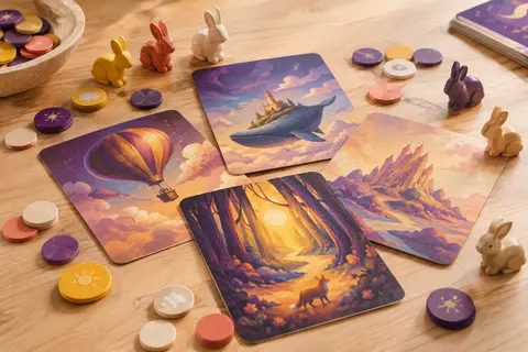 Cartes illustrées, jetons et lapins en bois disposés sur une table de jeu en bois clair.