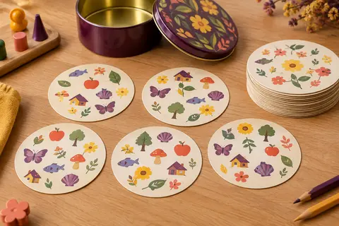 Cartes rondes à petits symboles champêtres (feuille, pomme, coquillage, maisonnette) étalées près d’une boîte métallique ronde ouverte à motif de feuilles, sur une table en bois clair