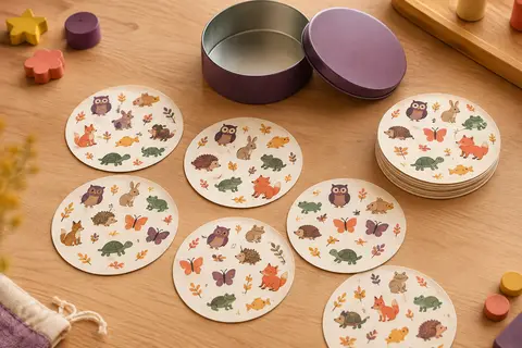 Cartes rondes illustrées de huit petits animaux chacune, étalées près d’une boîte métallique ronde ouverte sur une table en bois clair