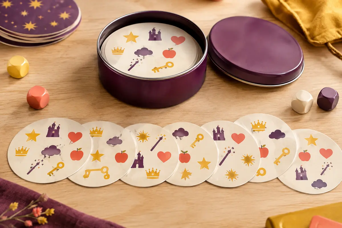 Boîte métal ronde aubergine et cartes rondes portant chacune huit petits symboles, étoile, château, couronne ou cœur, sur une table en bois clair
