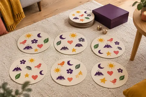 Grands disques en carton portant chacun huit symboles, étalés sur un tapis ivoire au sol à côté d’une boîte carrée aubergine