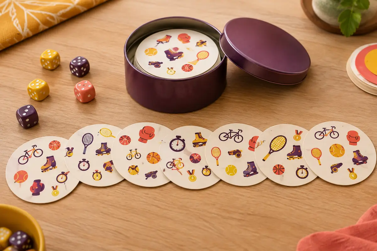 Boîte métal ronde aubergine et cartes rondes portant chacune huit pictogrammes sportifs, vélo, ballon, raquette ou sifflet, sur une table en bois clair