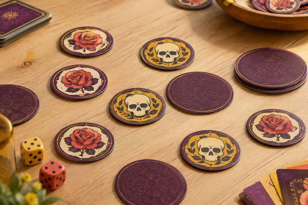 Tapis et disques illustrés de roses et de crânes disposés sur une table de jeu en bois clair.