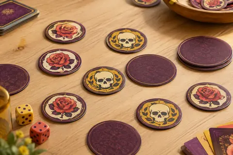 Tapis et disques illustrés de roses et de crânes disposés sur une table de jeu en bois clair.