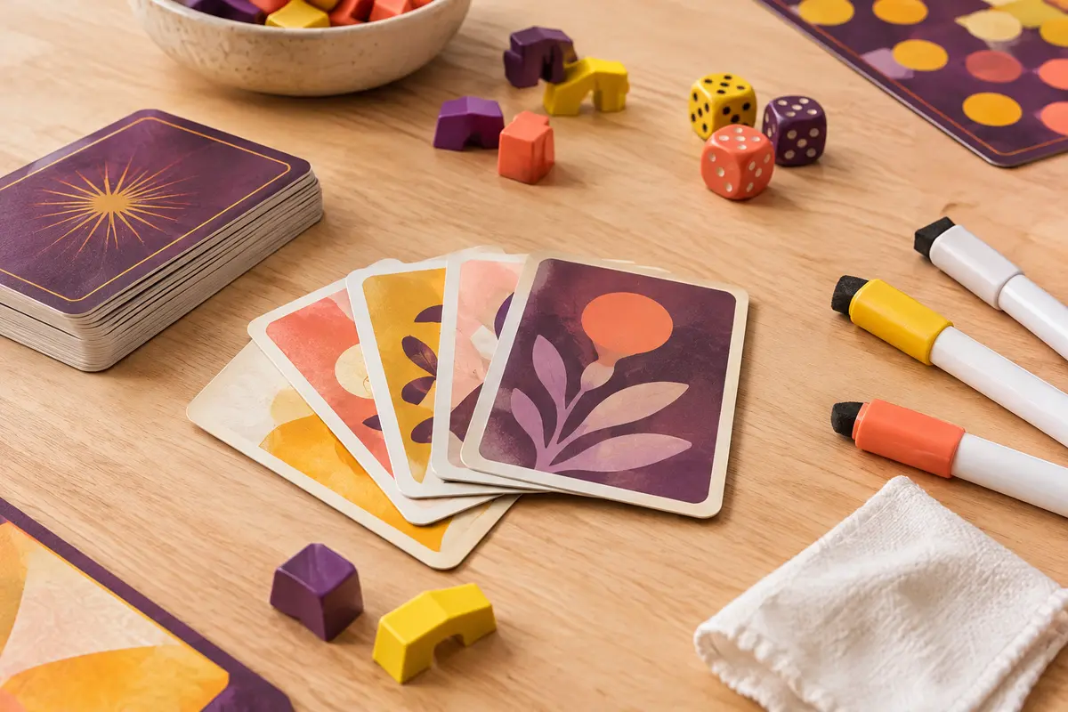 Cartes, supports colorés et crayons effaçables de Just One réunis sur une table de jeu en bois clair.
