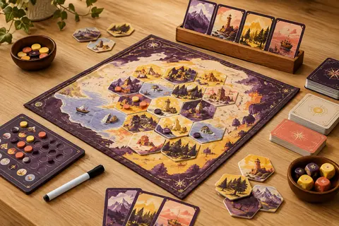 Tapis de jeu, cartes et tuiles hexagonales disposés sur une table pour une partie d’exploration