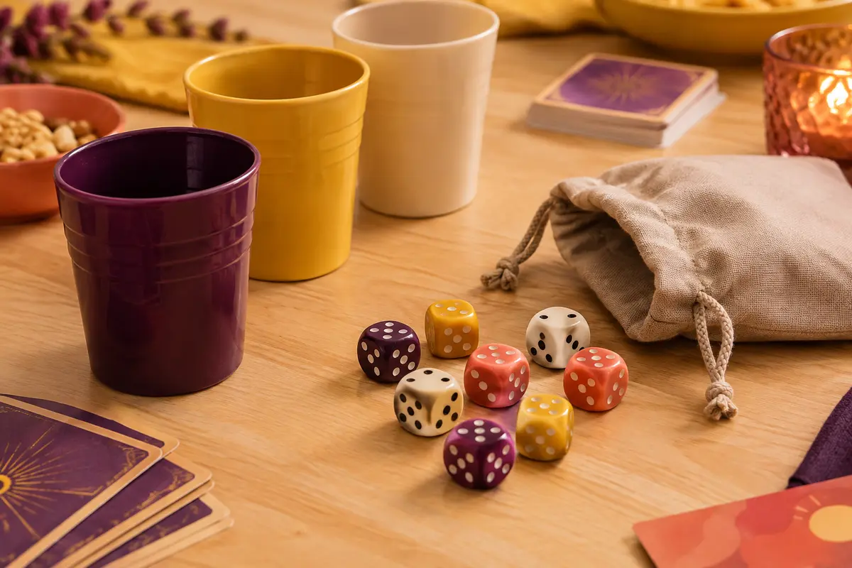 Gobelets en plastique et dés colorés de Perudo disposés sur une table de jeu en bois clair